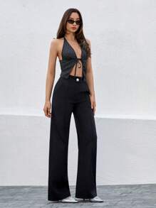 CLARA VERO Pantalones entallados de cintura extra alta y pierna ancha en negro - Botón dorado de lujo, pliegue frontal elegante, longitud extra larga y bolsillos funcionales en los costados
