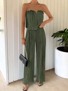 Firerie 女士简约优雅深绿色 V 领短款上衣和阔腿裤套装