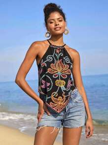 Travachic 女士复古印花吊带背心，夏季，沙滩装，复活节，海滩，春假，度假，音乐会，波西米亚风，音乐节，热带假期 - 黑色 - 查看 8