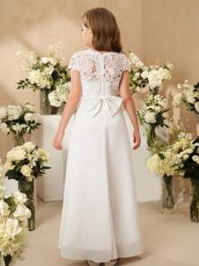 SHEIN Tween Girl Elegant High-End Lace Patchwork Glossy Satin Long Sleeve Flower Girl Dress For Weddings, Galas, Birthdays, Performances