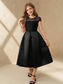 SHEIN Tween Girls' Elegant Solid Color Lace Patchwork Party Dress - Black - View 4