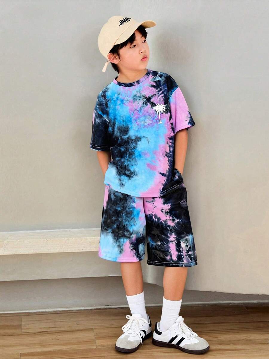 SHEIN Tween Boy Tie-Dye Short Sleeve T-Shirt And Shorts Set - Multicolor - View 1