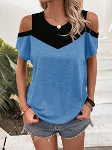 SHEIN LUNE Camiseta de bloque de color con hombros abiertos, blusas gráficas para mujer - Multicolor - Ver 5