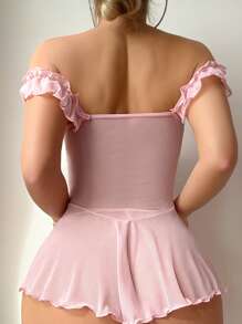 PetitDoll Conjunto de 2 piezas de vestido con hombros descubiertos, volantes y lazos en el bajo, de estilo sexy para salir - Rosa - Ver 2