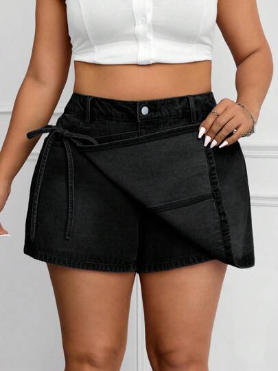 SHEIN ICON 大码女式休闲水洗裹身牛仔短裤