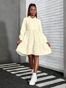 Teen Girls Plain Long Sleeve Buttoned Frill Hem Casual Dress