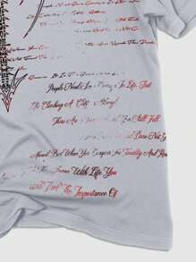 ROMWE MEN Goth 男士时尚标语印花短袖T恤，夏季 - 淺灰色 - 查看 3