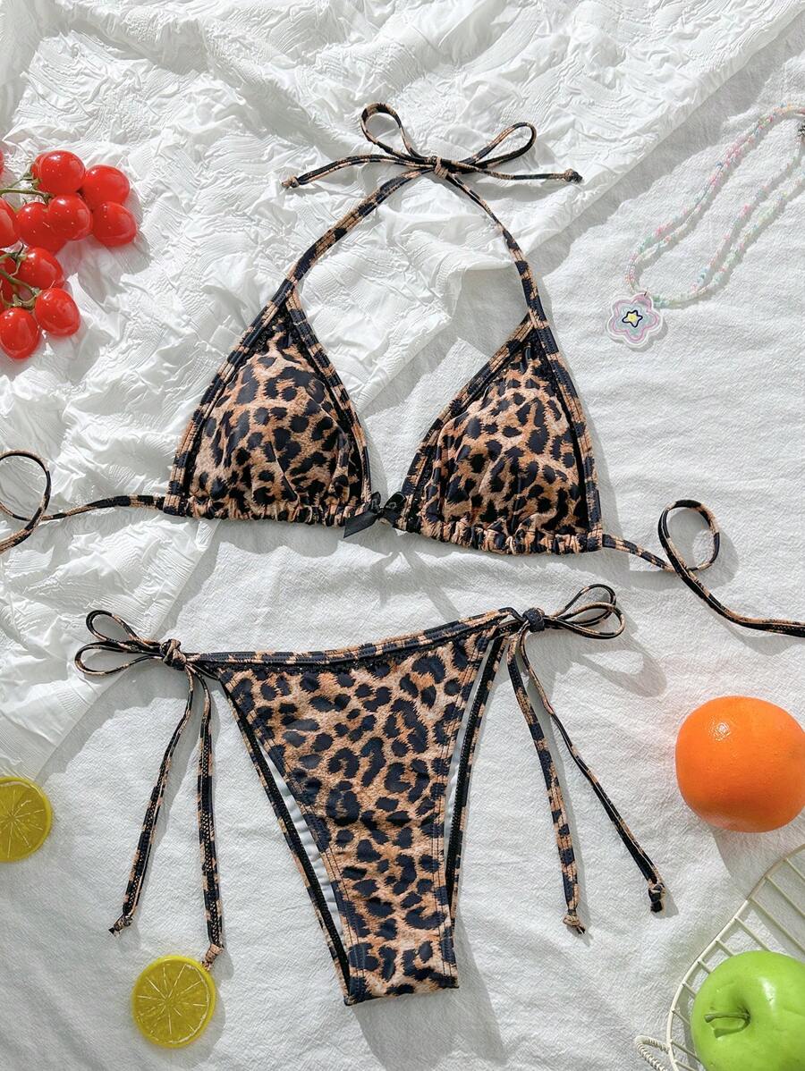 Swim Mod Women's Summer Leopard Print Bowknot Spaghetti Strap 2 Pieces Sexy Bikini Set - Multicolor - View 1