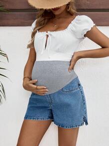 SHEIN Shorts vaqueros de maternidad de cintura alta con bloques de color, para verano, Día de la Madre, 4 de julio, graduación, brunch