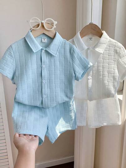 SHEIN Leap Crew 4 件套年轻男孩休闲学校假期纯色翻领短袖开衫和松紧腰短裤套装，适合春夏秋季，日常，运动，郊游，学校，聚会，节日，摄影，韩式