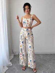 Elenzga Women's Elegant Apricot Ditsy Floral V-Neck Racerback Camisole + Women's Graceful Ditsy Floral Straight Leg Pants, Spring/Summer - Multicolor - View 6