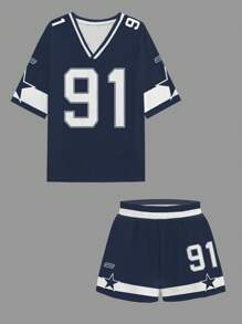 Slaydiva 2pcs/Set 2025 Spring & Summer Casual Jersey Outfit, Racing Uniform Style With Number 91 Print, For Women - Multicolor - View 5