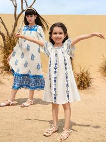 SHEIN Vestido casual de vacaciones con estampado floral y mangas con volantes para niñas jóvenes