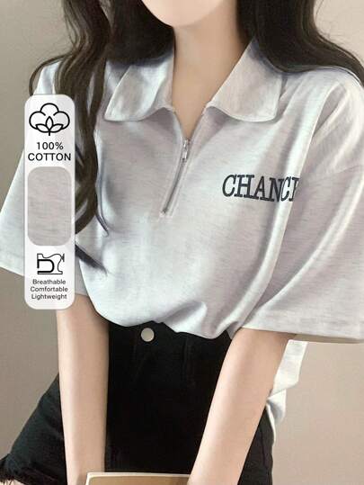 DAZY Women's Casual Collared Letter Printed T-Shirt Summer