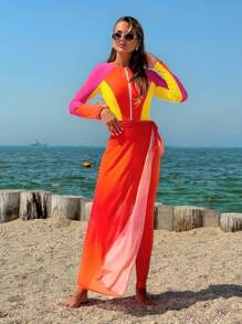 Swim Shayni 3pcs/Set Women Summer Zip-Front Round Neck Long Sleeve Bodysuit + Orange Long Pants + Orange Side Button Mesh Maxi Skirt Casual Vacation Burkini Suit - Multicolor - View 8