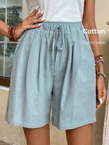 EMERY ROSE Solid Knot Front Wide Leg Shorts - Green - View 1