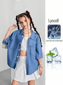 Camisa vaquera de manga corta de tencel/lyocell para niñas, color azul claro, ropa exterior casual de ajuste cómodo y ceñido