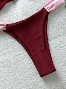 Swim Vcay 2pcs/Set Atasan Tanpa Tali Warna Polos dengan Hiasan Mutiara & Celana Pendek Renang untuk Wanita, Pakaian Renang Liburan Pantai Musim Panas - MultiWarna - View 5