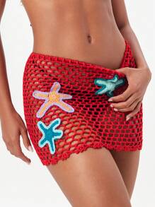 SHEIN Swim Mini-jupe transparente pour femme, rouge, en crochet ajouré, avec motif étoile de mer coloré, inspirée des vacances d'été à la plage - Rouge - Voir 4
