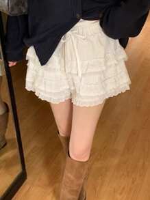 DAZY Women Lace Patchwork Short Elegant Shorts, White, All Season,Skorts Fall