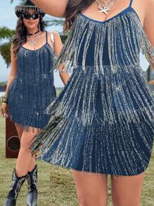 SHEIN MOOSTA Plus Size Floral Print Fringe Bohemian Style Dress, Suitable For Music Festival - Royal Blue - View 1
