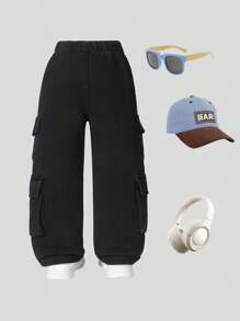 Young Boys Cargo Jeans, Wide Leg Straight Fit, Vintage Wash Denim Blue, Fashionable Streetwear Style, Versatile For Toddler Boys