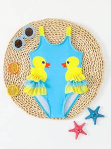 SHEIN Baby Girl Animal Print Mesh Patchwork Round Neck One-Piece Swimsuit - Blue - View 5