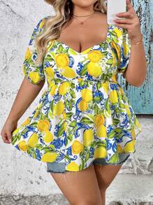 SHEIN CURVE+ 大码柠檬印花灯笼袖心形领衬衫 女士度假服装 女士夏季服装 女士沙滩服装 夏季上衣 女士春季服装 海滩度假服装 热带、曲线加大码、波西米亚风度假 女士海滩服装/海滩/海滩度假服装/海滩必需品/毕业典礼/茶会