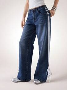 LYSMO Cowboy For Women Summer Blue Woven Side Stripe Pocket Straight Leg Jeans - Blue - View 3