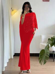 Islaluna Elegant Sequin Mesh Asymmetrical Neck Top And Spaghetti Strap Fish Tail Dress 2 Pieces Set - Red - View 4