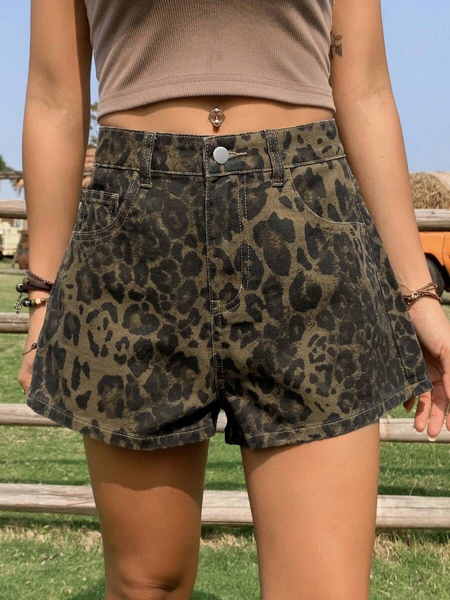 Livesso Summer New Loose Casual Leopard Print Women Denim Shorts
