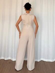 Chiquease Combinaison élégante sans manches avec patchwork en dentelle de couleur unie, convenant pour l'été - Nude - Voir 2