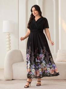 Modelyn Plus Size Women Floral Print Ruffle Sleeve Elegant Vacation Dress - Black - View 6