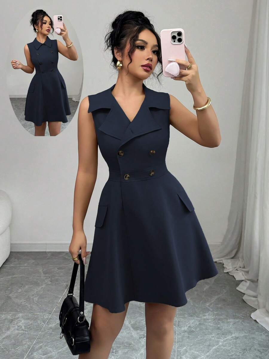 Elenzga 女式法式优雅通勤休闲度假纯色衬衫领双排扣束腰 A 字形仿口袋翻盖装饰无袖迷你连衣裙，春夏