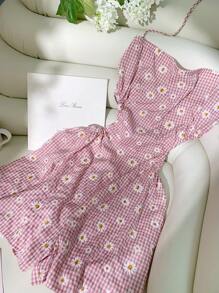 Comfortcana 女式夏季休闲格子和雏菊印花露背吊带连体衣 - 粉色 - 查看 5