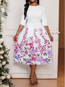 SHEIN Lady Plus Size Vrouwen Eenvoudige Bloemenprint Ronde Hals Lange Mouw Casual Jurk Winter Elegante Vier Seizoenen Herfstjurk Feestjurk voor Dames Elegante Damesjurk Kant Lange Mouw Maskeradejurk Concertjurk voor Dames Korte Jurk Valentijnsdag Nieuwjaar Feestjurk Rozenbloemjurk Paasjurk Dames Bruiloftsgastjurk Dames Vakantie Boho