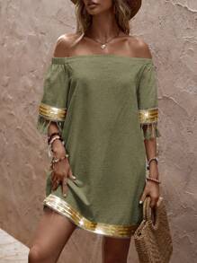 EMERY ROSE Letni casual Bez ramion Luźny krój Sukienki , Z Cekin , Frędzle I Grzywka Dekoracje