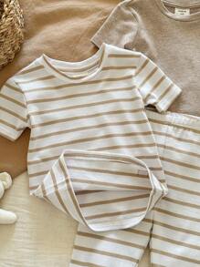 SHEIN LMoss Kids Dozemod 儿童男婴 4 件套舒适贴身纯色条纹圆领短袖上衣和紧身裤睡衣套装 - 棕色 - 查看 5