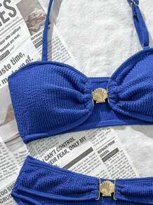SHEIN TEENGIRL Blue Textured Metal Decor Fashionable Beachside Vacation Halter Bikini Set - Blue - View 4