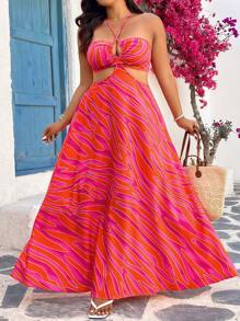 SHEIN VCAY Plus Size Women Holiday Halter Neck Hollow Out Backless A-Line Casual Print Maxi Dress, Rose Red Leopard Print Dress, Mother's Day Dress, Summer Outfits For Women, Beach, Summer Clothes For Women, Boho Women Clothing, Sundress South Beach Outfits Summer Boho Women's Clothing Brunch Outfits For Women Airport Outfit For Women Beach Vacation Outfits City Break Outfits Holiday Outfits Western Clothes For Women Western Wear Women Plus Bohemian Boho Top Boho Chic Boho Style Brasil Leopard Print - Hot Pink - View 4