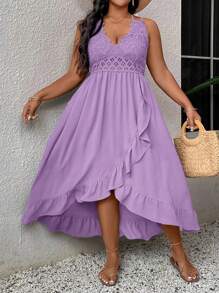 SHEIN VCAY Plus Size Mauve Purple Midi Dress With Crochet Lace Bodice And Ruffle Wrap Hem For Casual Summer Style - Mauve Purple - View 1