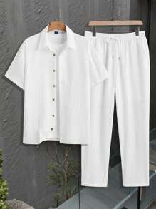Manfinity Homme Ensemble chemise à manches courtes et pantalon de couleur unie décontracté pour hommes