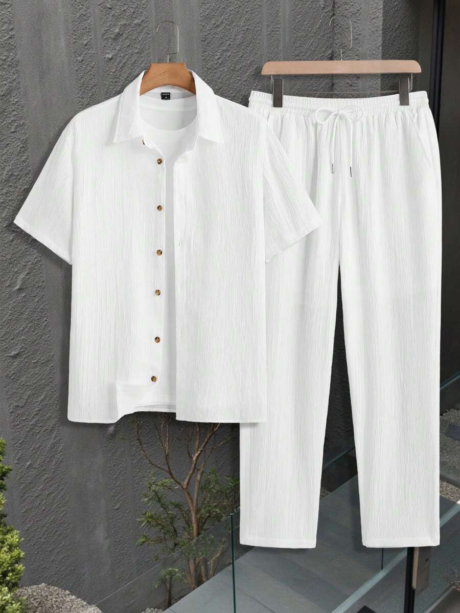 Manfinity Homme Ensemble chemise à manches courtes et pantalon de couleur unie décontracté pour hommes
