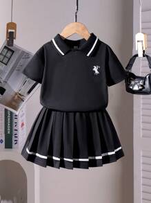 SHEIN 2pcs Girl (Small) Outfit: Grey Short Sleeve Dog T-Shirt And Navy Blue Elastic Waist Skirt, Cute And Fashionable Summer Set For Little Girls Girls School Dress Dresses School For Kids School Girl Dress,Holiday,Summer,Travel - Black - View 1