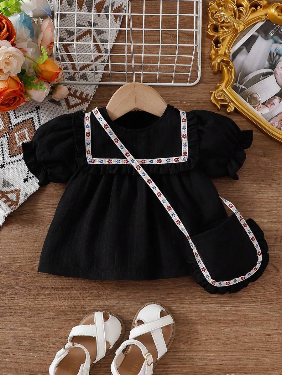 Set de 2 blusas con cuello redondo, manga abullonada, volante en el bajo, cinta floral e cremallera invisible, suaves y lindas, apropiadas para uso en casa y exterior, para niña bebé, nueva temporada de primavera/verano/otoño