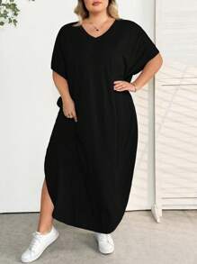 SHEIN CURVE+ Vestido largo con diseño de bolsillo y abertura, casual y adecuado para uso diario, nuevo para primavera/verano para mujeres de talla grande - Negro - Ver 3