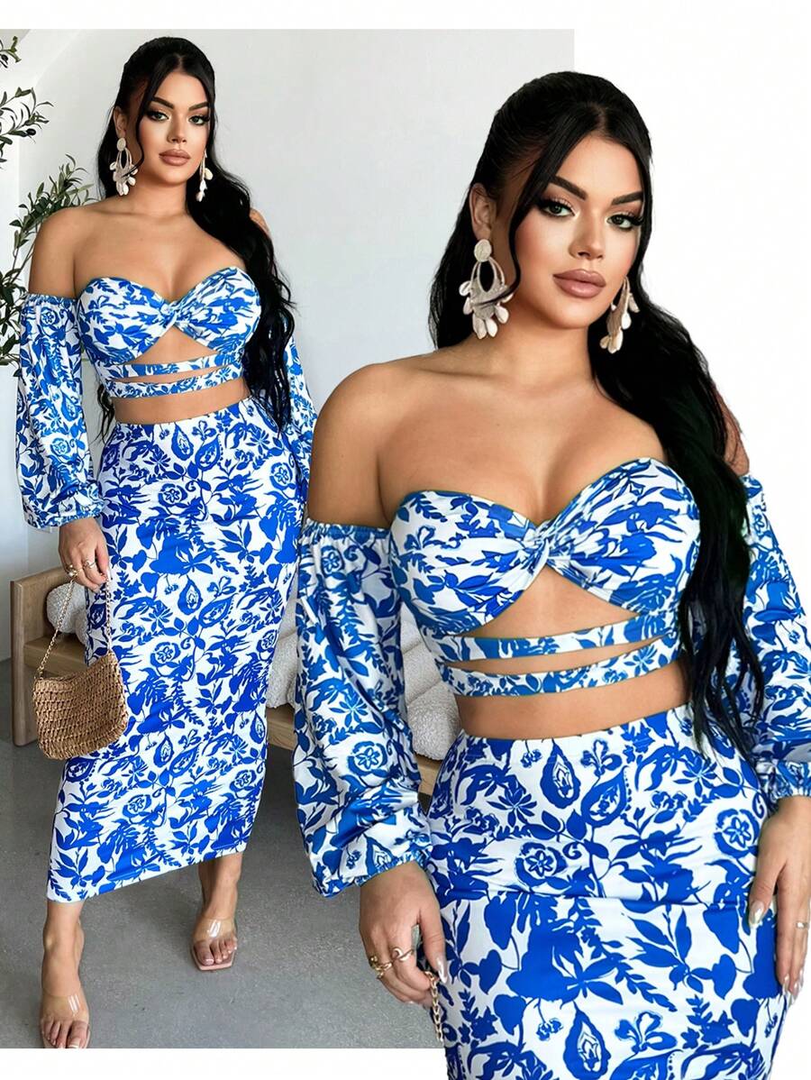 SHEIN SXY Women's Sexy Twist Cut-Out Off Shoulder Cropped Top With Full Print, For Holiday - Blue and White - View 1