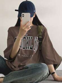 DAZY Letter Graphic Drop Shoulder Oversized Tee - Brown - View 4