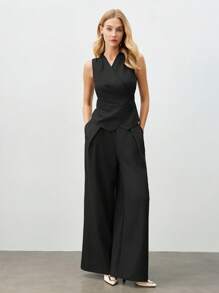 BizChic 女式黑色褶皱腰无袖背心套装，浪漫优雅的日常时尚商务休闲装，适合办公室、通勤、秋冬复古风格 - 黑色 - 查看 1