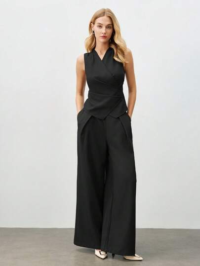 BizChic 女式黑色褶皱腰无袖背心套装，浪漫优雅的日常时尚商务休闲装，适合办公室、通勤、秋冬复古风格